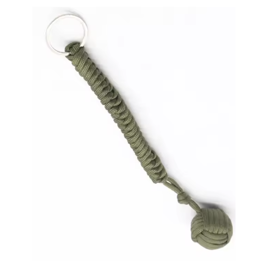 Portachiavi tattico militare con sfera in acciaio intrecciato Paracord verde
